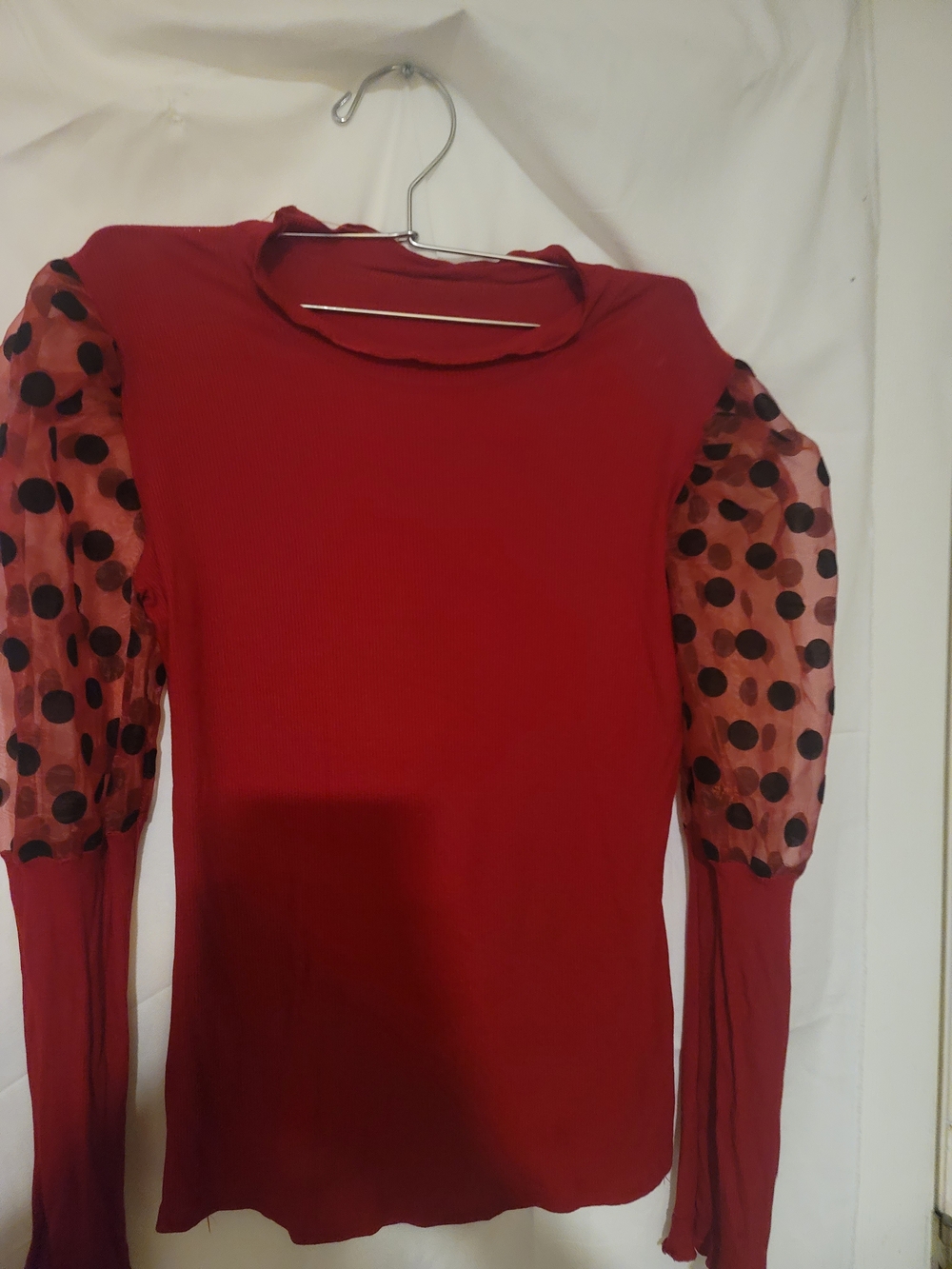 Women's Red Long Sleeve Top with Polka Dot Sheer Puff Sleeves